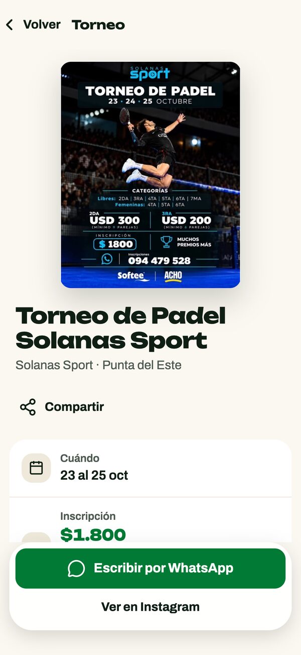 Detalle de un torneo: la placa del club, cuándo es, la inscripción y el botón para escribir por WhatsApp.