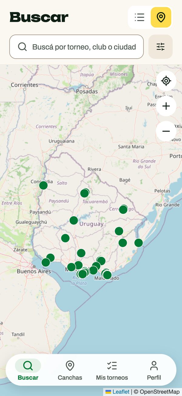 Pantalla del mapa: los clubes con torneos abiertos marcados sobre Uruguay.